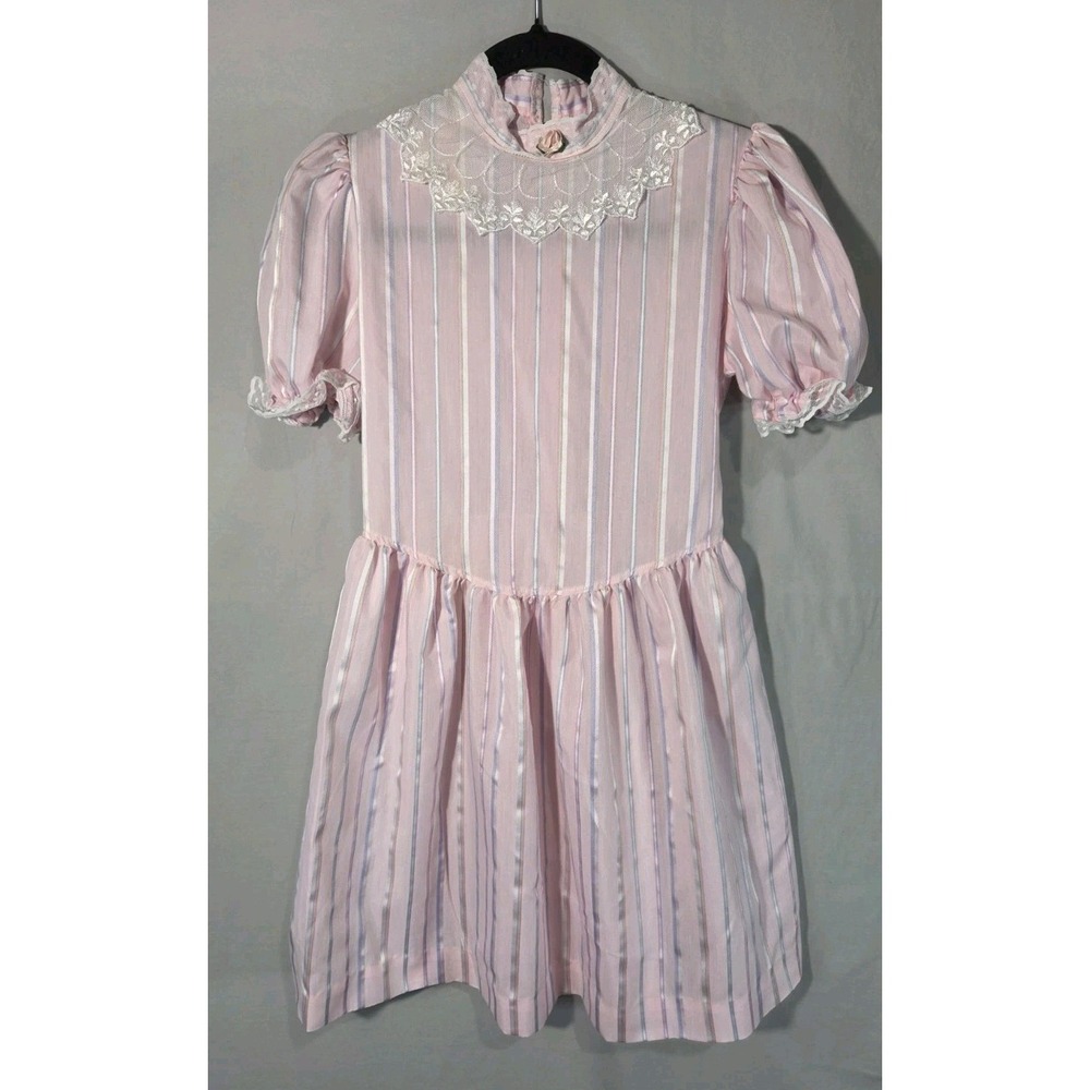 Sunspots Vintage Dress Kids 12 Pastel Pink Striped Lace Trimmed Puff Sleeve